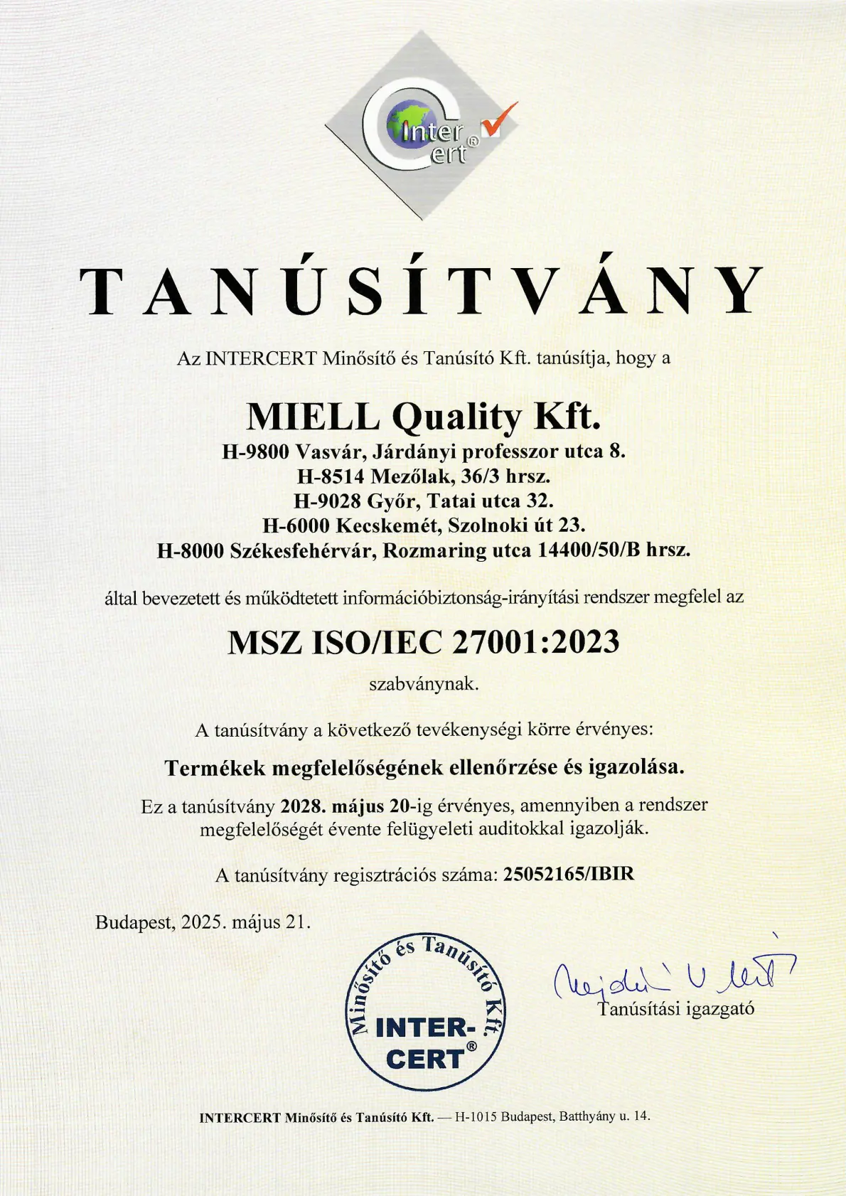 Tanúsítvány 27001