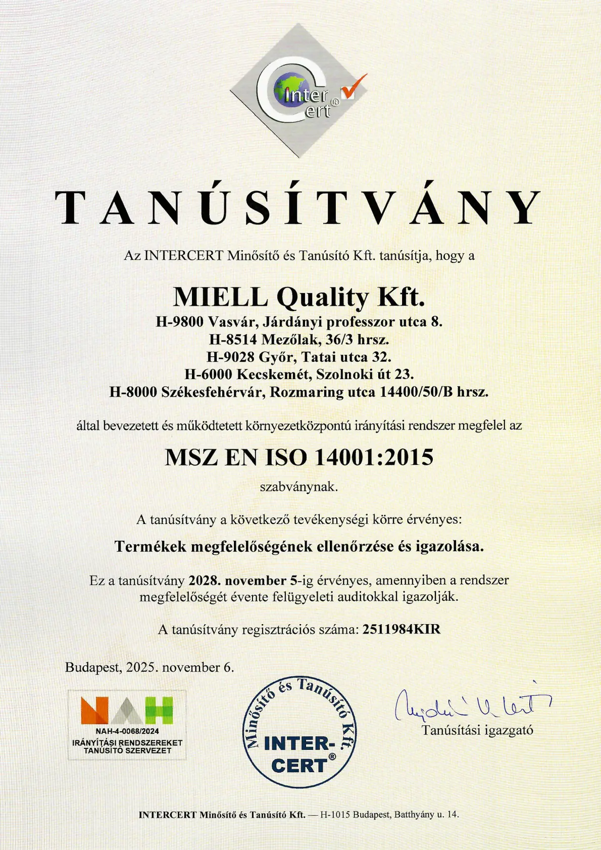 Tanúsítvány ISO 14001 magyar 2025