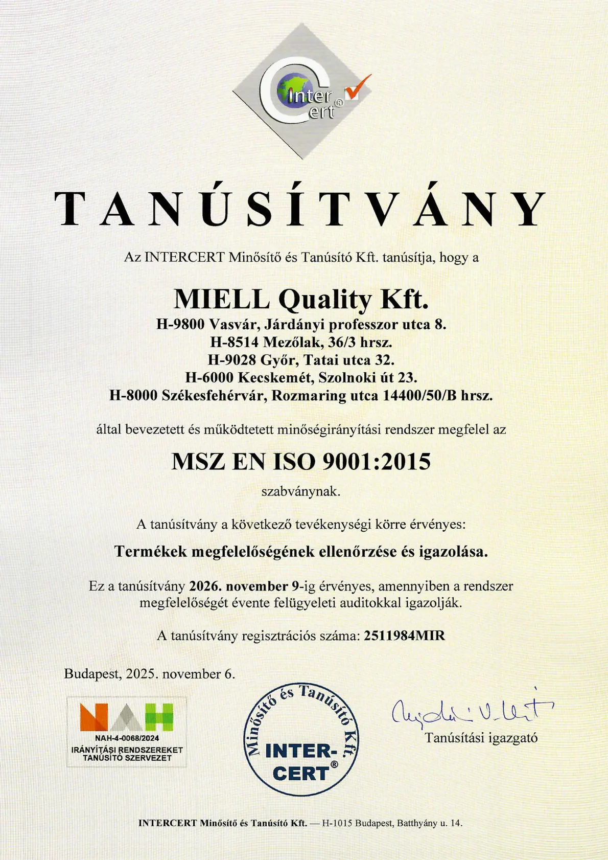 Tanúsítvány ISO 9001  2025